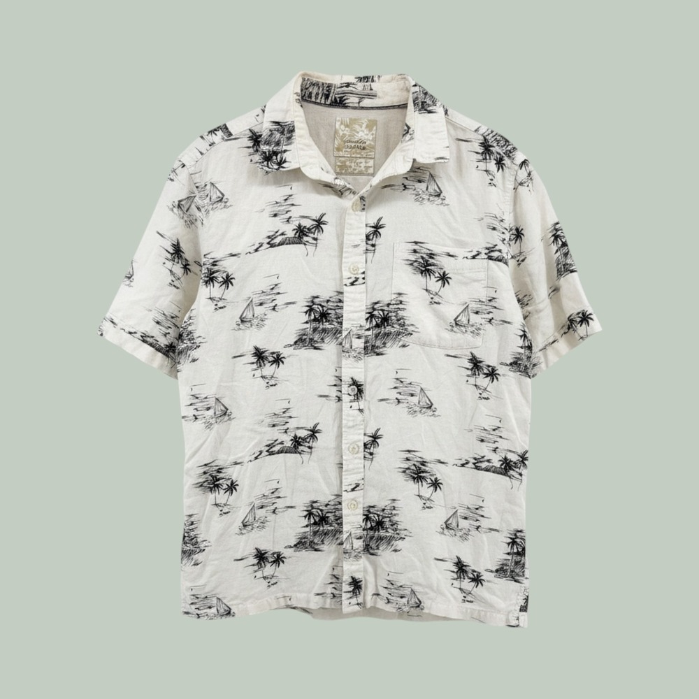 Tasso Elba Island Mens Large Linen Cotton Tropical Sketch AOP Button Down Shirt